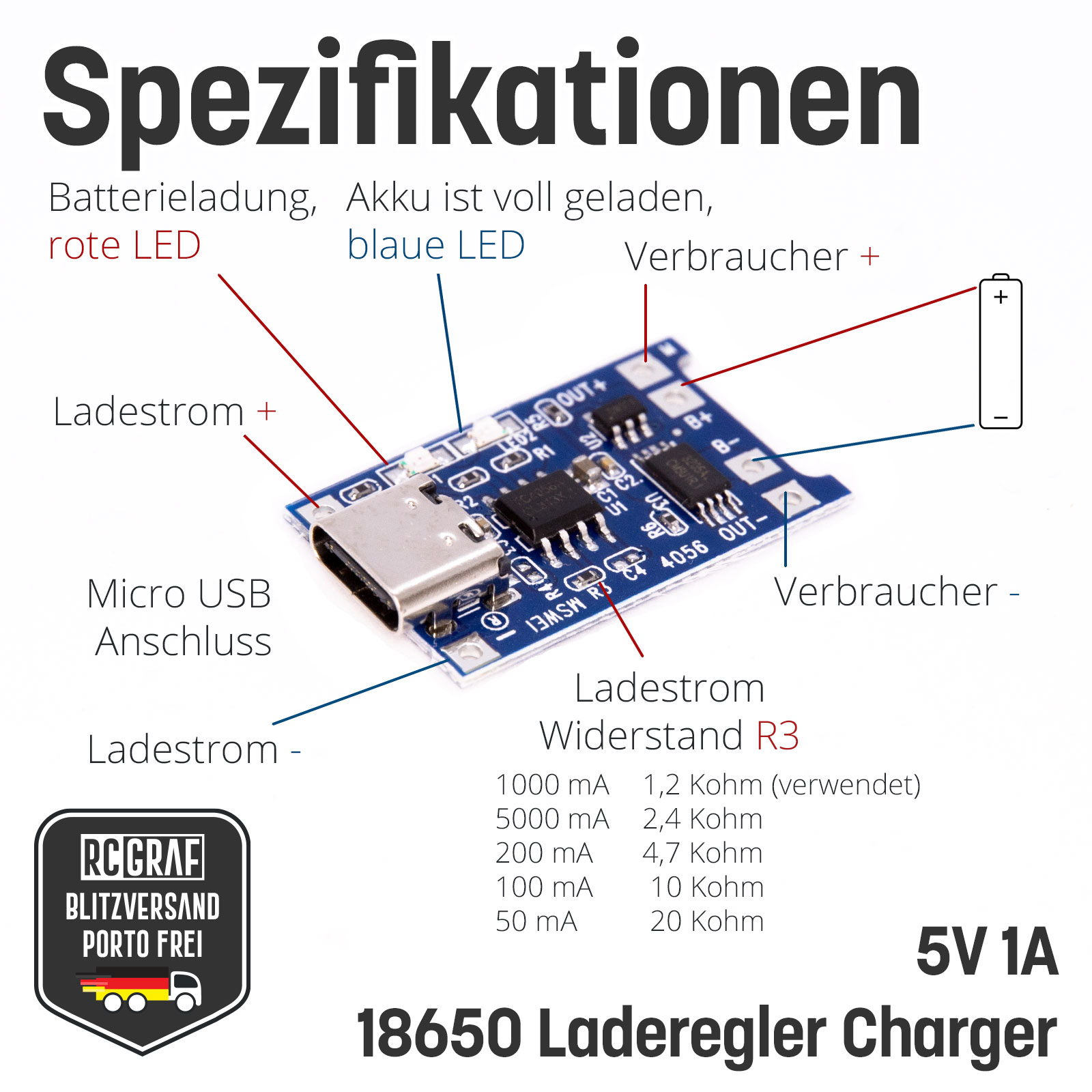 Akku Lademodul 5V 1A TP4056 Micro USB 18650 Laderegler Charger LiPo Board 3