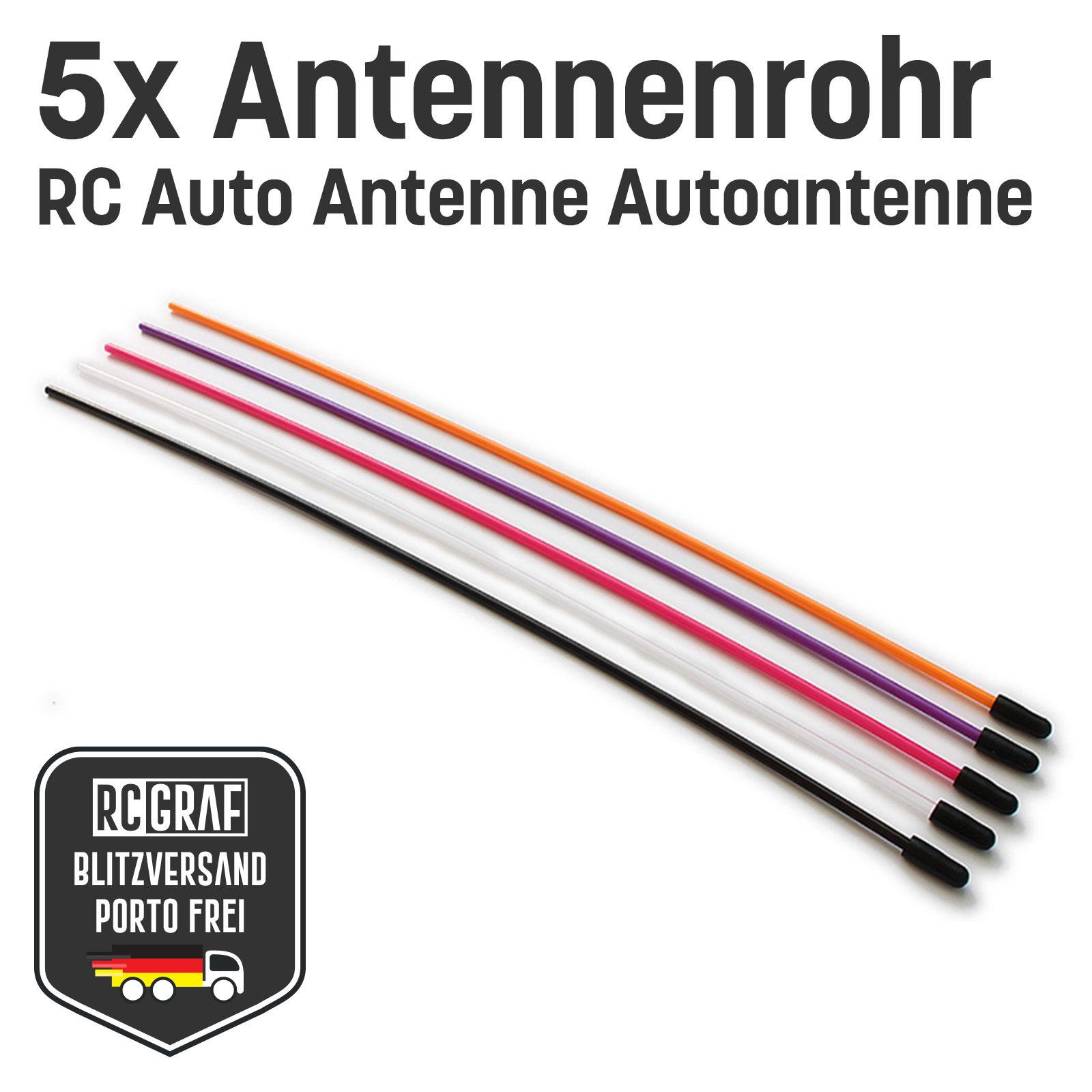 5x RC Antennenrohr Antennenröhrchen mit Kappe Antenne für Empfänger Schwarz, Orange, Pink, Transparent oder Lila
