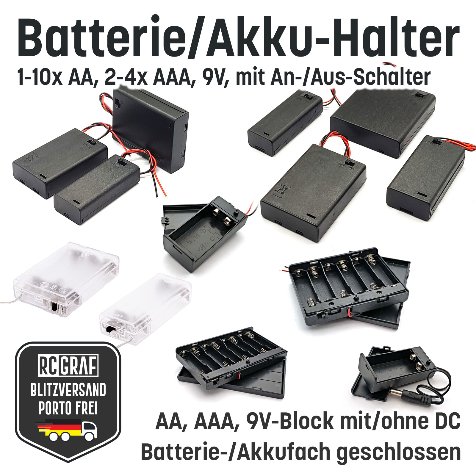Batterie-/Akkuhalter AA AAA 9V Micro An Aus Schalter geschlossen, Batteriefach, Akkufach, Mignon, Batteriebox, Akkubox