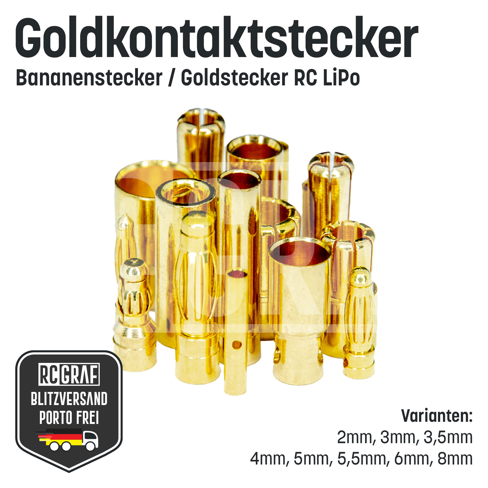 Goldkontaktstecker Stecker Buchse Bananenstecker Lipo Akku 2mm 3mm 3,5mm 4mm 5mm 5,5mm 6mm 8mm